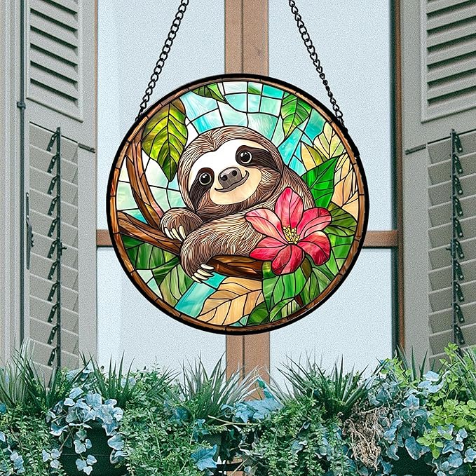 Stained Glass Window Hanging, Cute Sloth Sun Catcher for Door Home Decor Animal Suncatcher Christmas Mother's Day Birthday Gifts for Women Men Mom and Nana 9.8 in