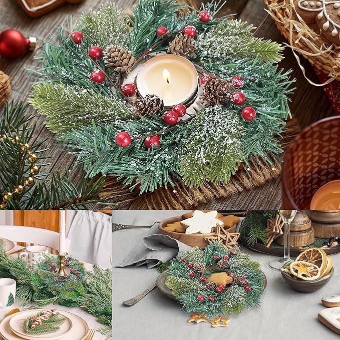 Sggvecsy 6 Pcs Christmas Candle Rings Norfolk Pine Wreath Table Centerpieces Artificial Red Berries Pinecones Small Wreaths Kitchen Cabinets Pillars Mini Candle Rings for Window Front Door Decor