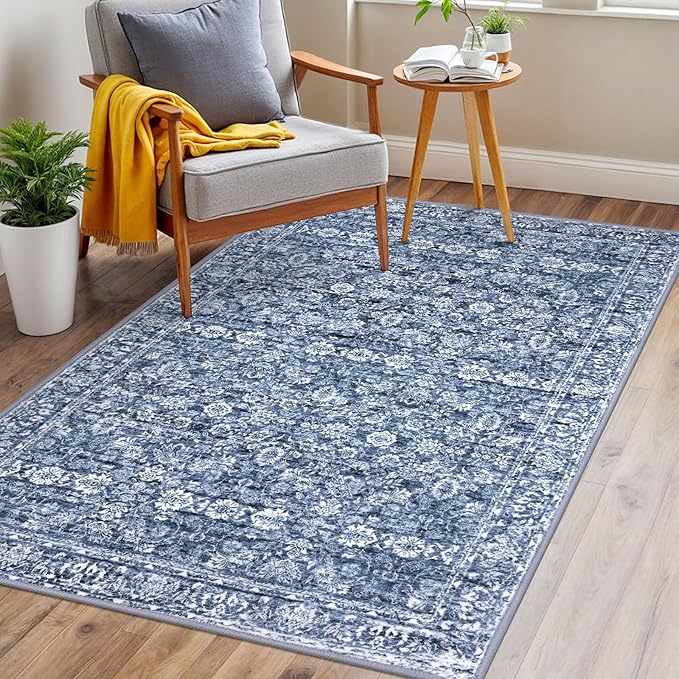 3x5 Washable Area Rug for Entrance, Blue Soft Distressed Floral Rug with Non-Slip, Low-Pile Vintage Area Rugs for Office Entryway Bedroom, Non-Shedding Carpet for Boys Dorm