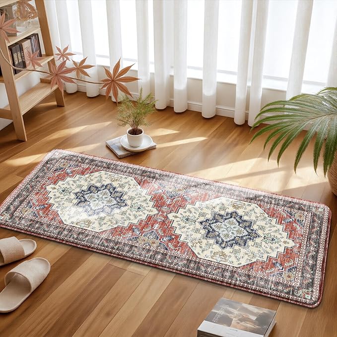 Boho Kitchen Mats for Floor 2 Piece Set Anti Fatigue Cushioned PVC Kitchen Rugs Non Slip Waterproof Farmhouse Mats 2/5 Inch Comfort Standing Mat for Sink, Laundry, 17.3"x59"+17.3"x28", Taupe Red