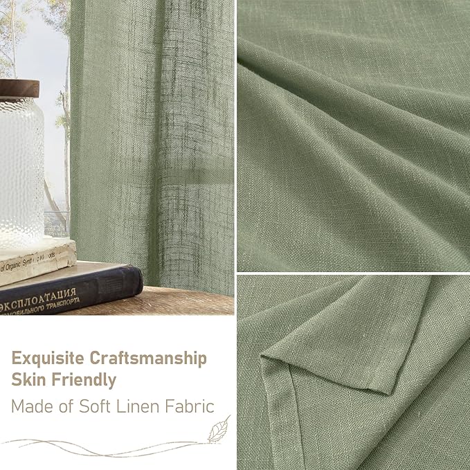LAMIT Light Filtering Linen Curtains 72 inches Long for Bedroom, Linen Textured Semi Sheer Back Tab and Rod Pocket Boho Drapes for Window/Living Room, Sage Green, 2 Panels, 34 x 72 Inch