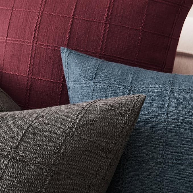 ZeeMart Linen Checked Throw Pillow Covers Set of 2, 18x18 Inch Allover Grid Charcoal, Farmhouse Decorative Double Sided Grid Embroidered Couch Pillow Cases Grey Cotton Linen Cushion Covers