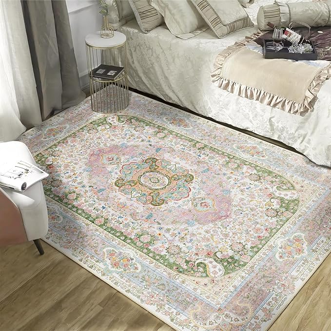 Pink Rug 4'x6.5',Washable Area Rugs for Bedroom Living Room Kitchen Entryway,Small Boho Vintage Bohemian Distressed Non Slip Carpet,Blush Green