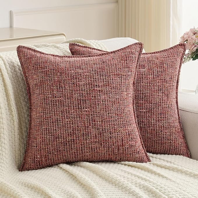 FUTEI Burgundy Decorative Throw Pillow Covers 22x22 Inch Set of 2,Soft Chenille Tweed Textured Cushion Case,Modern Home Decor for Couch Bed Living Room