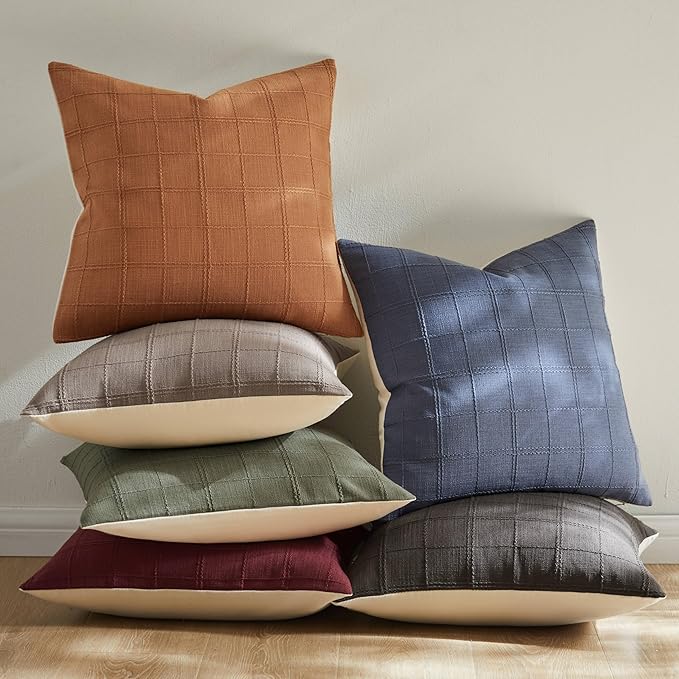 ZeeMart Linen Checked Throw Pillow Covers Set of 2, 22x22 Inch Burgundy/Cream, Farmhouse Decorative Single Sided Grid Embroidered Couch Pillow Cases Red Cotton Linen Cushion Covers