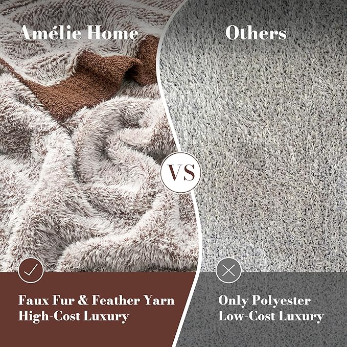 Amélie Home Knit Throw Blanket for Couch, Super Soft Fuzzy Blanket for Sofa, Luxury Cozy Fluffy Throw for Room Decor, 50" x 60", Heather Brown