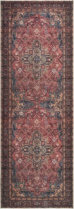Bloom Rugs Washable Non-Slip 12 ft Runner - Red/Teal Blue/Yellow Traditional Medallion Runner for Entryway, Hallway, Bathroom, and Kitchen - Exact Size: 2.5' x 12'