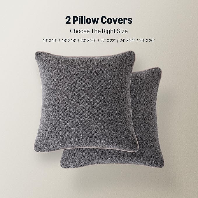 Amazon Basics Boucle Throw Pillow Covers for Couch, Living Room, Home Decor with Hidden Zipper, Grey, 24×24in, Pack of 2