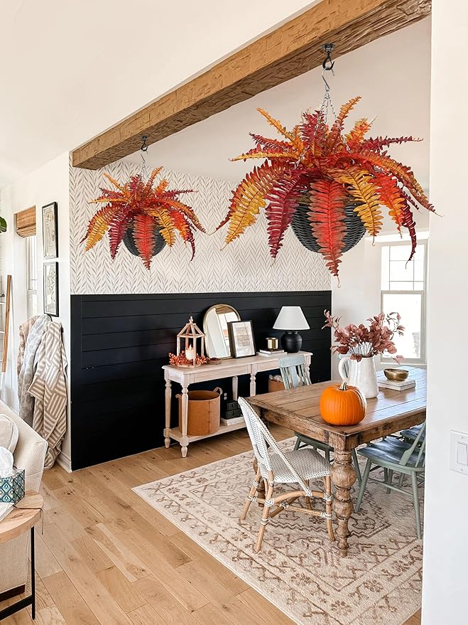 Hollyone Fall Artificial Fern Fall Hanging Baskets Outdoor Indoor Silk Plant Boston Ferns Autumn Potted Plants with Black Rattan Pot for Fake Fern Bush Plant Patio Garden Farmhouse Home Decor Orange