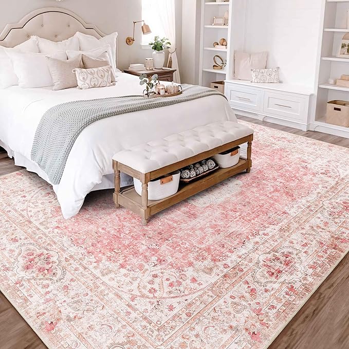 8x10 Area Rugs Washable,Pink Rug for Living Room Bedroom Dining Room,Large Boho Vintage Bohemian Distressed Carpet Non Slip,Blush