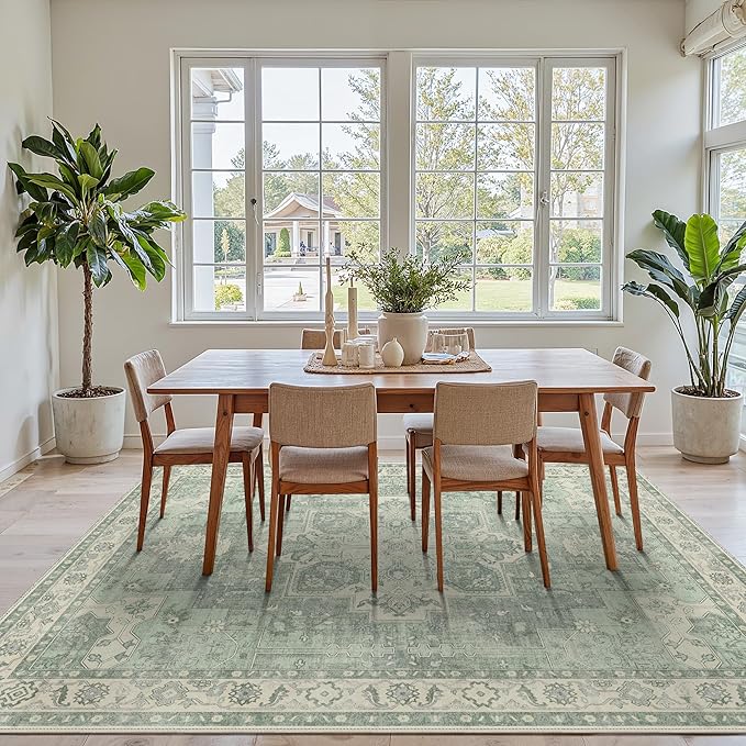 GENIMO 8x10 Area Rugs for Living Room, Machine Washable Non Slip Vintage Rugs, Low Pile Lightweight Chenille Print Rug for Bedroom, Dining Room, Home Office, Light Green