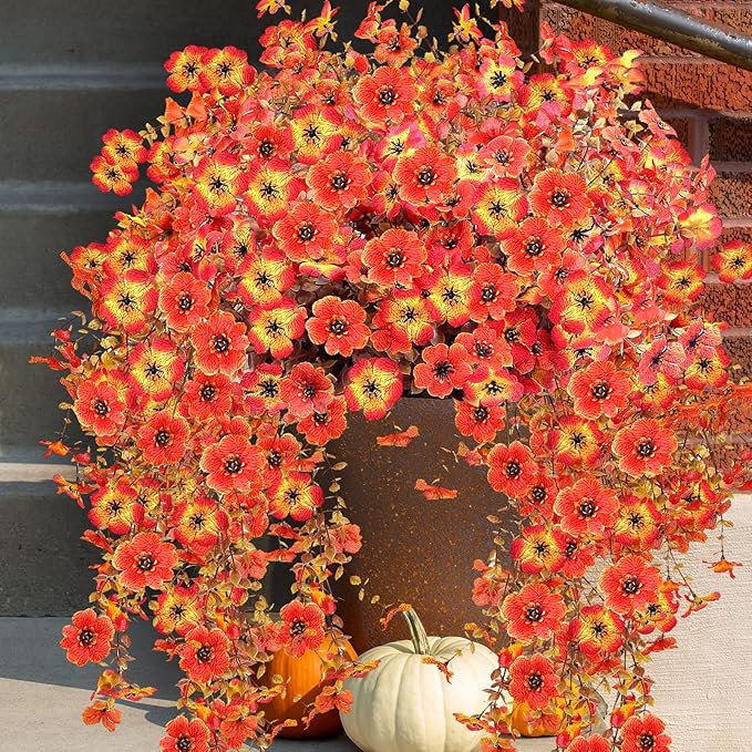 Outdoor Artificial Fall Flowers 6PCS, All Weather Fade Proof, UV Resistant Waterproof Realistic Faux Silk Mums Daisies Orange & Sunset Red for Hanging Planters Porch Patio Balcony Deck & Garden Decor