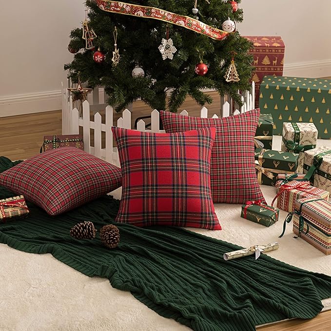 AQOTHES Pack of 2 Christmas Plaid Decorative Throw Pillow Covers Scottish Tartan Cushion Case for Farmhouse Home Holiday Decor Red and Green, 18 x 18 Inches
