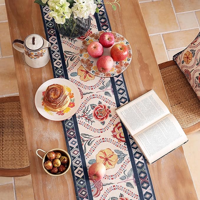 Rectangular Flower Table Runner 87 Inches Long,Farmhouse Linen Floral Table Runners with Navy Blue Border,Fall Decorations for Home Thanksgiving Christmas Party.12*87"-Lanae