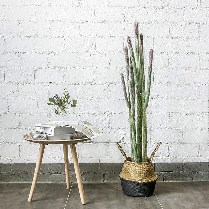 NCYP 4ft (48 Inch) Tall Artificial Cactus in Plastic Planter with Seagrass Basket - Faux Small Saguaro Cacti Potted for Home, Room, Office, Indoor Farmhouse Floor Decor, Fake Plants