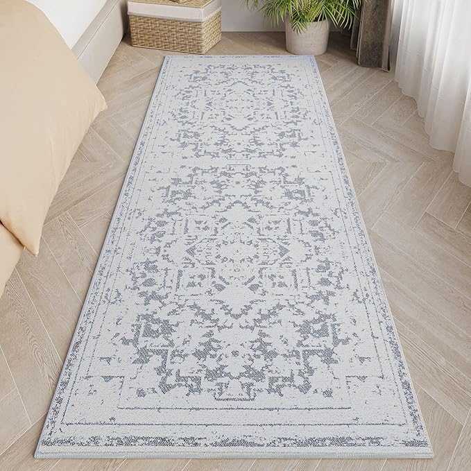 Vintage Runner Rug Non Slip for Hallway Bathroom Kitchen 2x8 ft, Ultra Soft Boho Carpet Runner with Low Pile Design Machine Washable Runner Rugs for Entryway Laundry Living Room (Grey)