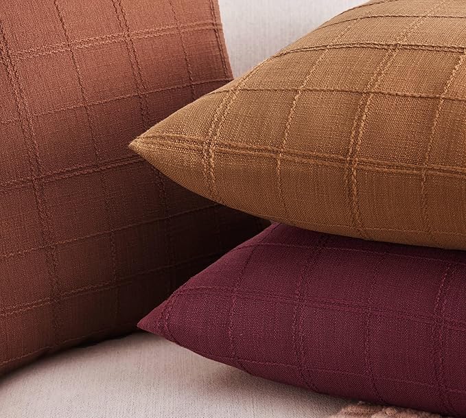 ZeeMart Linen Checked Throw Pillow Covers Set of 2, 22x22 Inch Allover Grid Caramel, Farmhouse Decorative Double Sided Grid Embroidered Couch Pillow Cases Burnt Orange Cotton Linen Cushion Covers ﻿