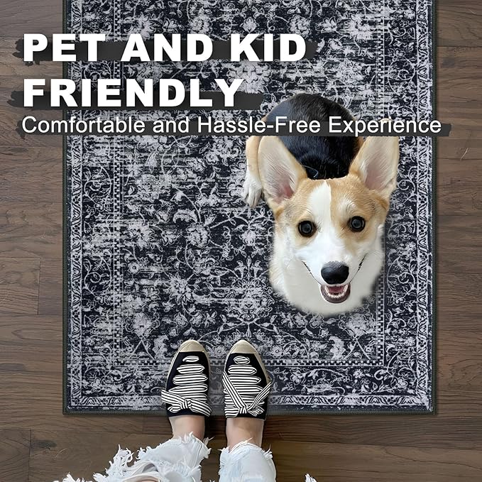 KILOCOCO Hallway Runner 2x8 Rug Runner Printed Vintage Floral Washable Kitchen Runners Non-slip Rubber Backed Runners for Hallways Distressed Thin Soft Rugs for Entryway Laundry Room, Black/Navy/White