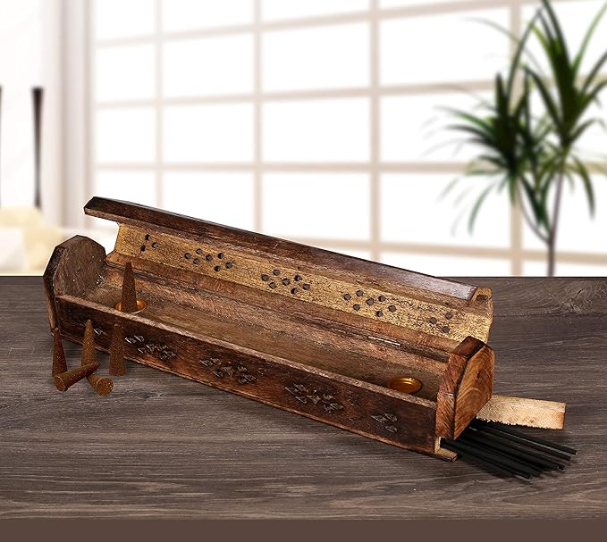 The Wooden Town Coffin Incense Stick Cone Burner Holder Stand with Storage Compartment Ash Catcher Hand Carved, Incense Stick Stand, Stick Holder, Incense Burners - Burnt Color - 12"x2.25"x2.75"