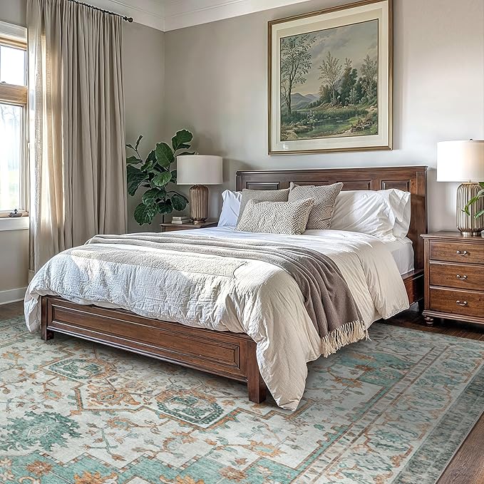 GENIMO 7'6''x9'6'' Area Rugs for Living Room, Machine Washable Non Slip Vintage Rugs, Low Pile Lightweight Chenille Print Rug for Bedroom, Dining Room, Home Office, Cyan