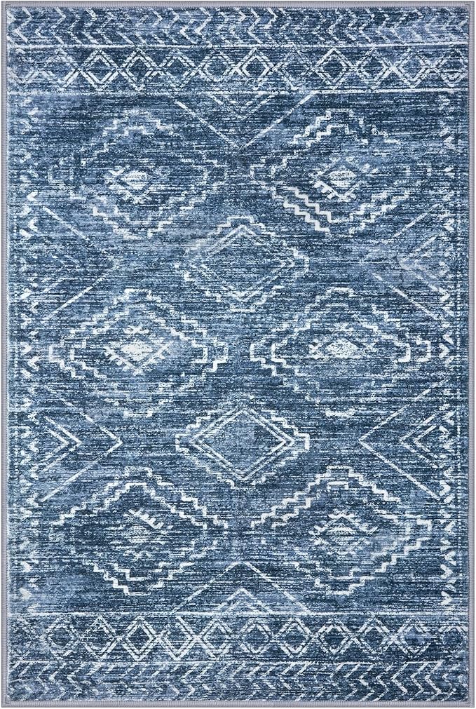 KILOCOCO Boho Entryway Rug 3x5 Area Rug Washable Non Slip Printed Throw Rugs Soft for Kitchen Living Room Dining Bedroom Geometric Moroccan Carpet, Blue