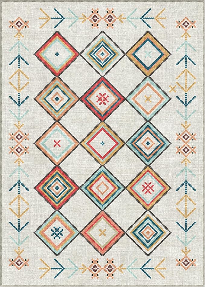 GENIMO Machine Washable 5x7 Area Rugs for Living Room, Non Slip Vintage Rugs, Low Pile Lightweight Chenille Print Rug for Bedroom, Dining Room, Home Office, Rainbow