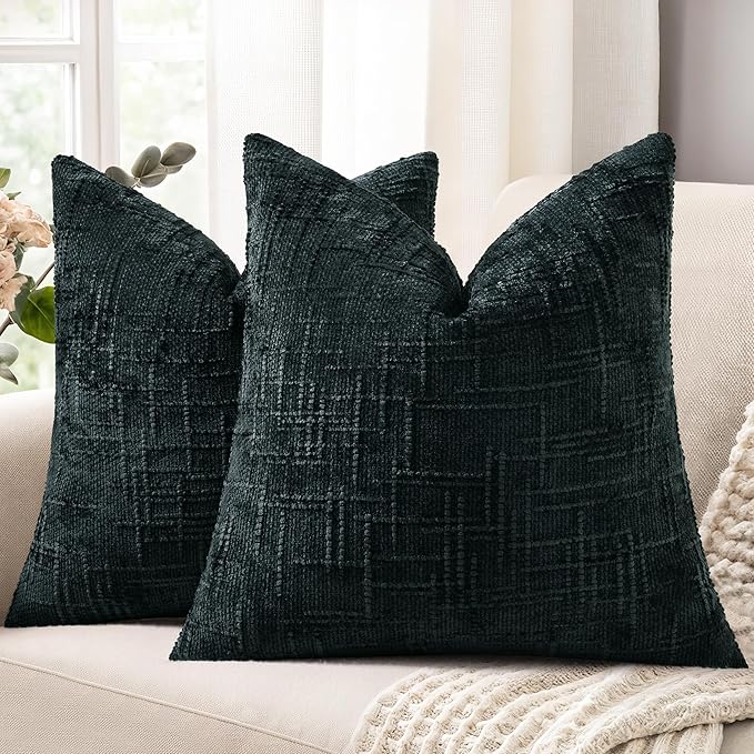 decorUhome Black Chenille Throw Pillow Covers 26x26 Set of 2 Thick Textured Slubby Couch Pillow Covers Farmhouse Accent Modern Neutral Decorative Pillow Cases for Bed Sofa Living Room