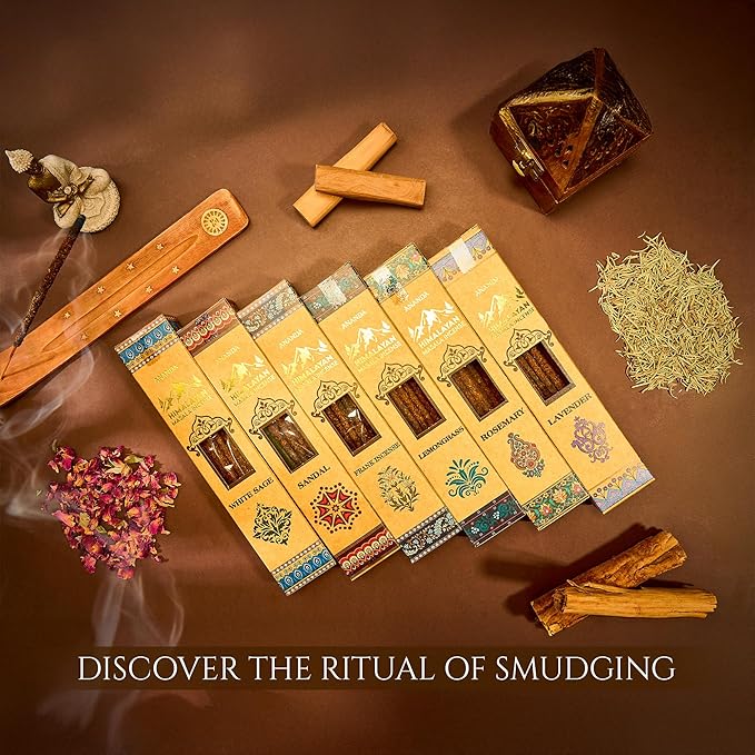Himalayan Masala Smudge Incense | Patchouli, White Sage, Rosemary, Lemongrass, Sandalwood, Lavender | 60 Sticks + 6 Dhoop | Handcrafted for Meditation, Puja & Cleansing
