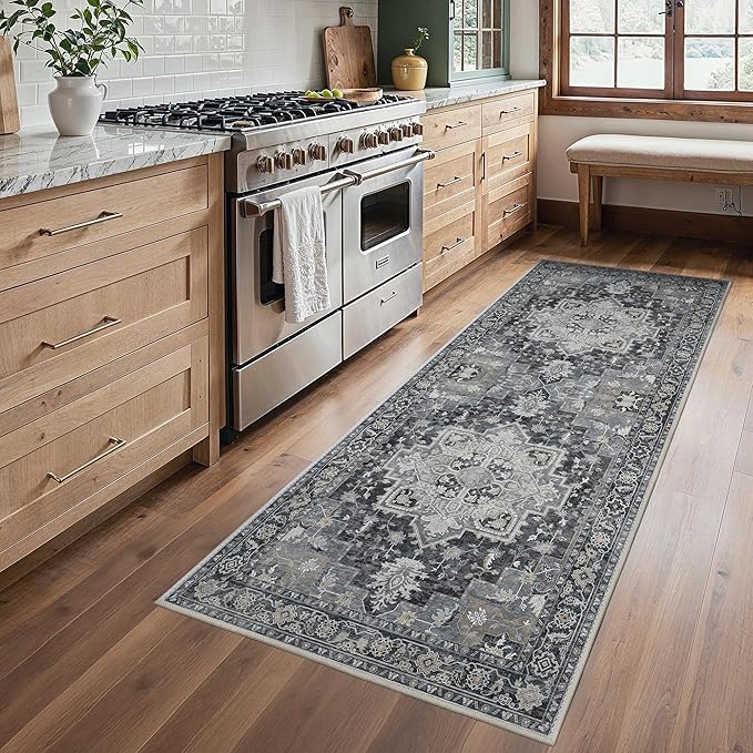 Runner Rug 2'6''x6, Machine Washable Runners, Non Slip Vintage Hallway Runner Rugs, Low Pile Lightweight Mat for Entryway, Hallway, Kitchen and Corridor, Dark Gray