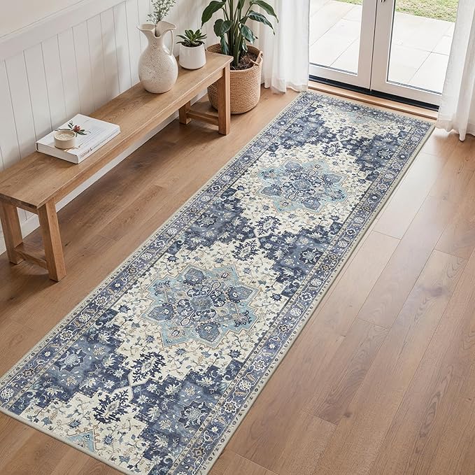 2'6''x8 Runner Rugs for Hallway, Machine Washable Non Slip Vintage Rugs, Low Pile Lightweight Soft Print Rug for enrtyway, Corridor, Home Office, Kitchen, Center Blue