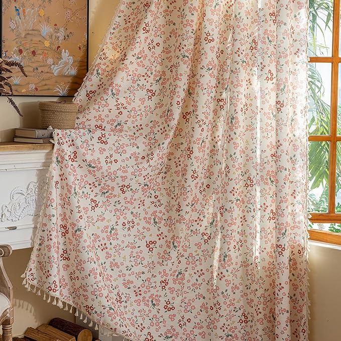 OYX Pink Boho Farmhouse Floral Curtains 84 Inch Long 2 Panels For Living Room, Flower Girl Bedroom Light Filtering Drapes, Vintage Country French Patterned Rod Pocket Aesthetic Decor Window Treatments