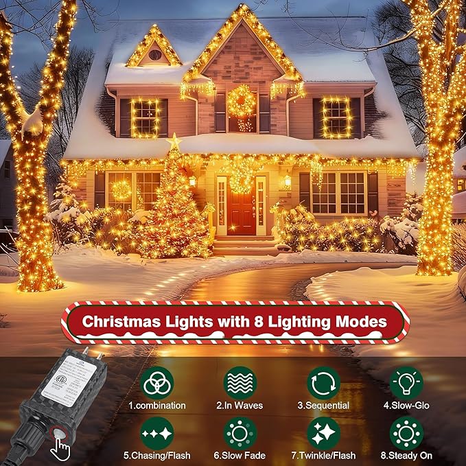 Christmas Cluster Lights Plug-in 49FT 600 LED Fairy String Lights, 8 Modes Timer Waterproof for Christmas Tree Party Decor Warm White