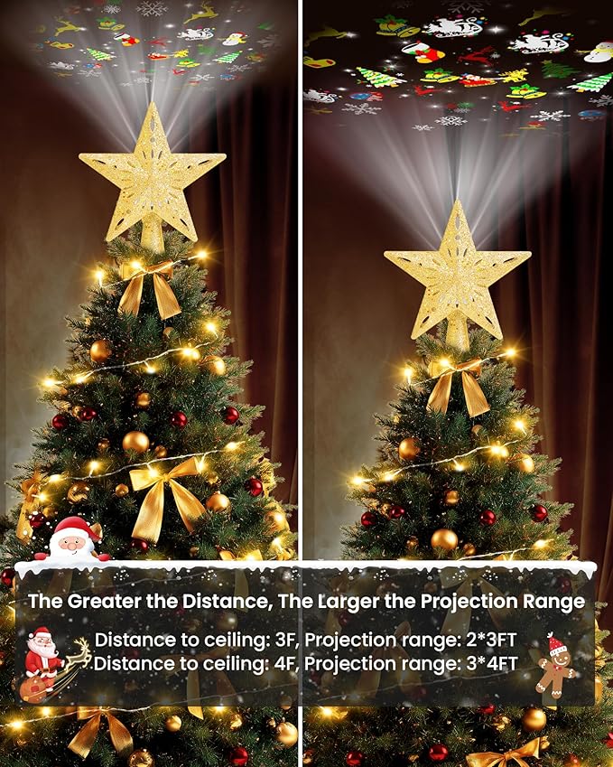 Christmas Tree Topper Star Lighted with 32.8ft Breathing Flickering String Lights & 6 LED Projection Modes, Gold Christmas Star Topper for Indoor Xmas Holiday Tree Decoration