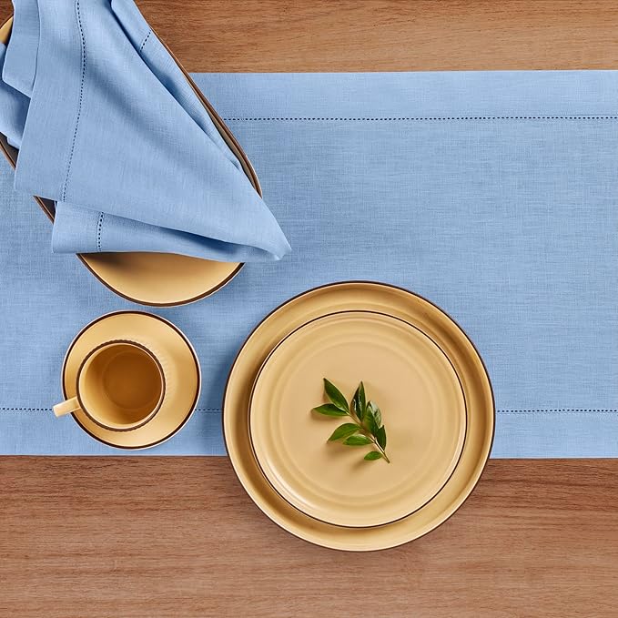Solino Home Linen Cornflower Blue Table Runner 90 Inches Long - 100% Pure Linen Hemstitch 14 x 90 Inch Table Runner for Dining, Spring, Easter - Classic Hemstitch