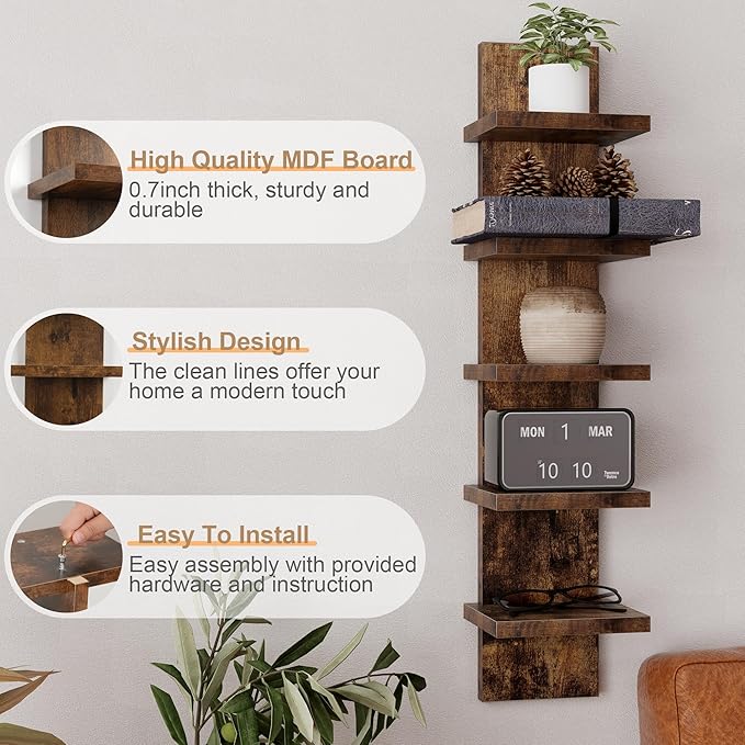 Fun Memories 5 Tier Wall Shelf Unit, Decorative Wall Mount Vertical Shelving, Floating Storage Home Decor Organizer Tall Tower Design Utility Shelving Bedroom Living Room, Brown 2Pack