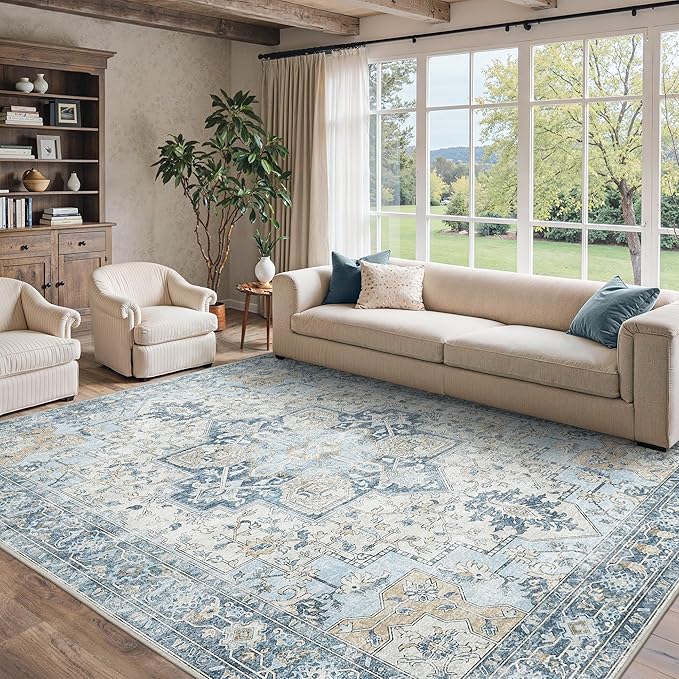 9x12 Area Rugs for Living Room, Machine Washable Non Slip Vintage Rugs, Low Pile Lightweight Print Rug for Bedroom, Dining Room, Home Office, Blue
