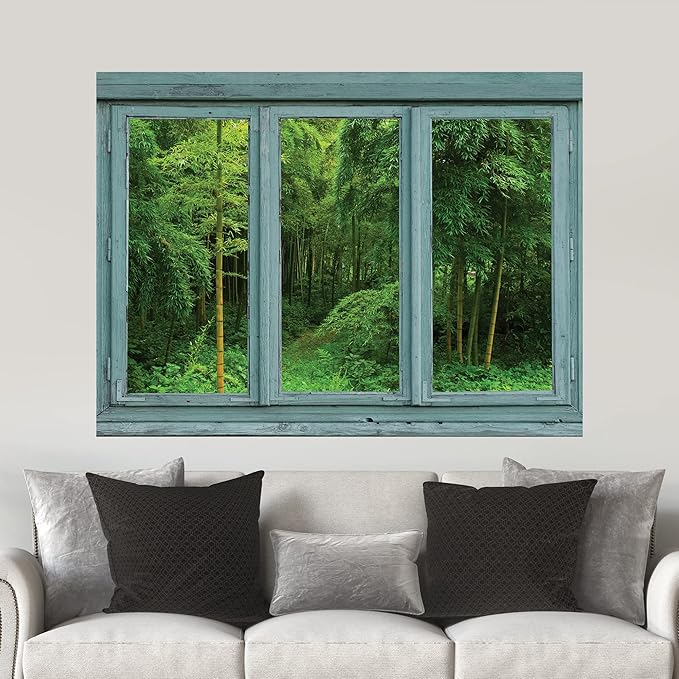 wall26 - Vintage Teal Window Looking Out Into a Green Jungle with a Path - Wall Mural, Removable Sticker, Home Decor - 36x48 inches