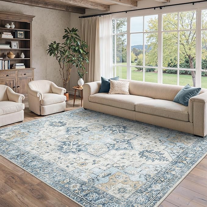 8x10 Area Rugs for Living Room, Machine Washable Non Slip Vintage Rugs, Low Pile Lightweigt Chenille Print Indoor Rug for Bedroom, Dining Room, Home Office, Blue