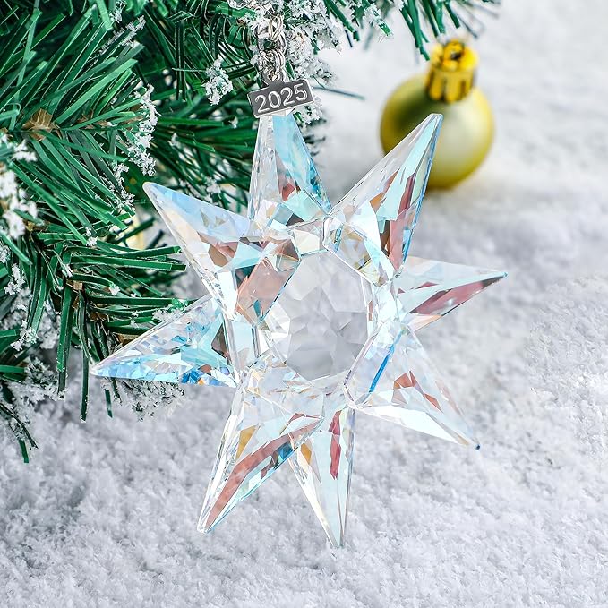 2025 Annual Crystal Christmas Ornaments Glass Snowflake Star for Tree Window Hanging with Bead Chains and Ribbons