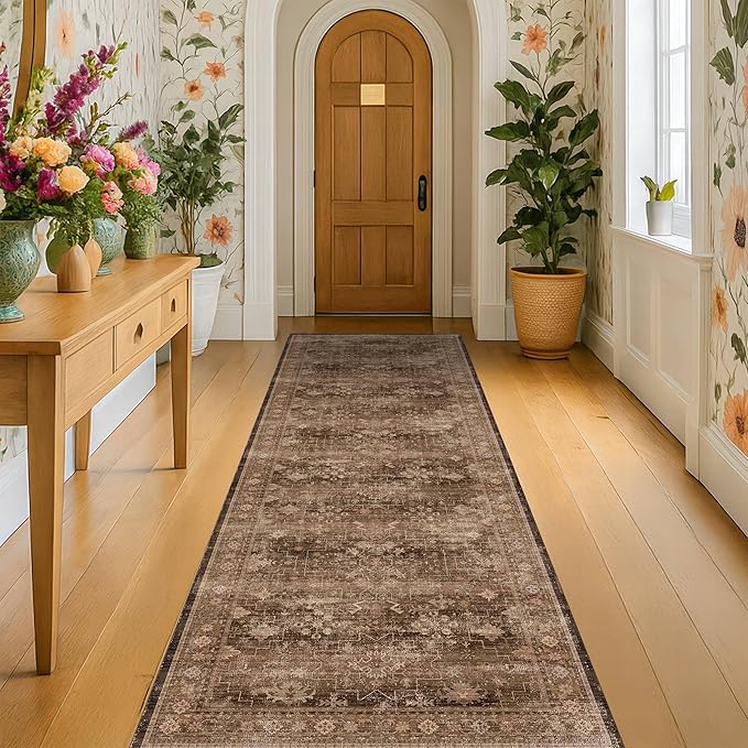 Brown Washable Long Runners for Hallways, 2'6"x8' Wide Kitchen Runner Rug, Entryway Indoor Rug, Non Slip Rubber Backing Boho Vintage Dark Floor Decor