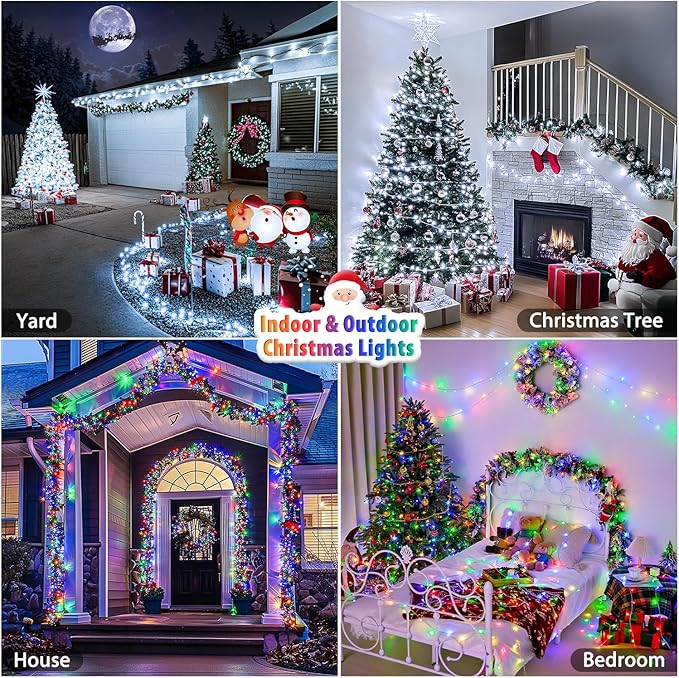 JMEXSUSS 2 Pack 100 LED Color Changing Christmas Lights Indoor, 33ft Cool White & Multicolor Christmas Lights Outdoor Waterproof, Clear Wire String Light Plug in for Xmas Tree Bedroom Decorations