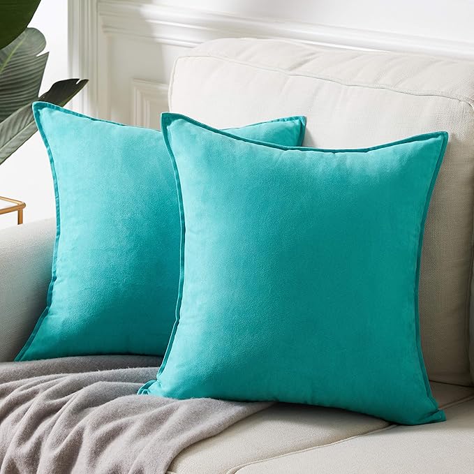 Fancy Homi 2 Packs Premium Faux Suede Decorative Throw Pillow Covers, Super Soft Square Pillow Case,Solid Cushion Cover for Couch/Sofa/Bedroom (18" x 18", Set of 2, Turquoise)