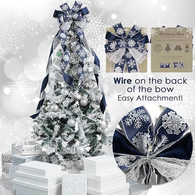 MEEDEE Navy Blue Tree Topper Navy Blue Christmas Tree Topper Bow 12 inch Wide Navy Blue Silver Glitter Yule Tree Wreath Bow Christmas Decorations Silver Snowflake Garland Bow Holiday Lantern (1 Pack)