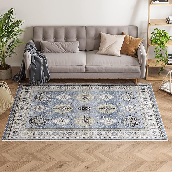 Dripex Vintage Washable Area Rug - 5x8 Distressed Rugs for Living Room Bedroom Oriental Medallion Floral Print Carpet Low-Pile Indoor Soft Non-Slip Accent Rug Farmhouse Office Home Decor