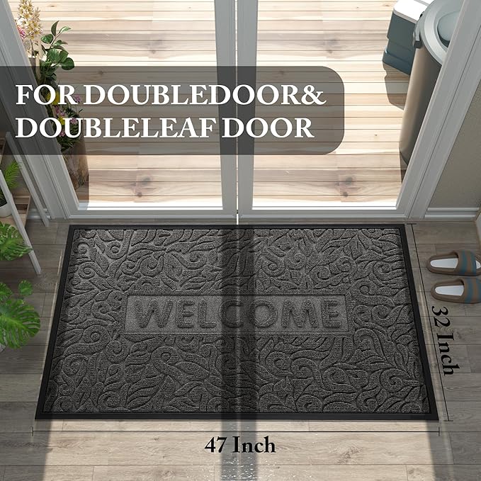Yimobra Large Welcome Mat 47x32, Waterproof Non-Slip Outdoor Mats for Front Door Outside Entrance, Low-Profile Entryway Mat Indoor for Garage Patio, Grey