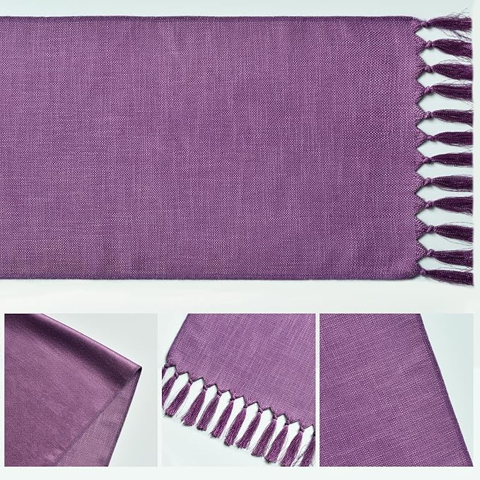 Artoid Mode Lilac Purple Tassel Table Runner, Mardi Gras Linen Blend Rustic Farmhouse Style Kitchen Table Decoration Holiday Wedding Party Dinning Decor 13x48 Inch