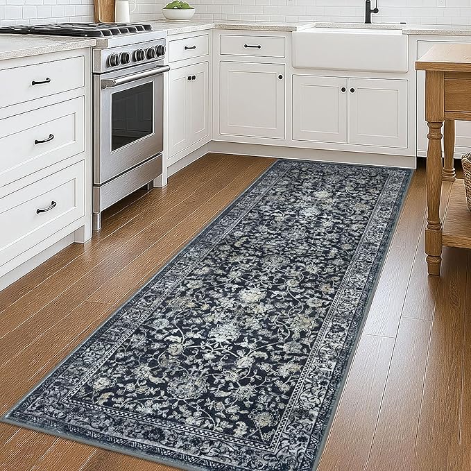 KILOCOCO Hallway Runner 3x8 Rug Runner Printed Vintage Floral Washable Kitchen Runners Non-slip Rubber Backed Runners for Hallways Laundry Room Distressed Boho Rugs for Entryway Bedroom, Navy/Charcoal