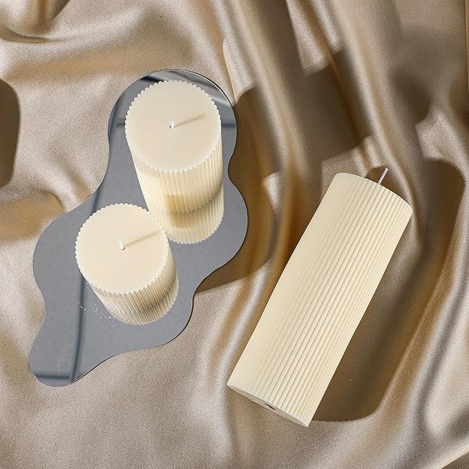 Ribbed Pillar Candles Set of 3, Width 3" High 4" 6" 8" Large Soy Wax Orchids Scented Pillar Candles Aesthetic Ribbed Modern Home Decor for Bathroom Living Room(Cream)