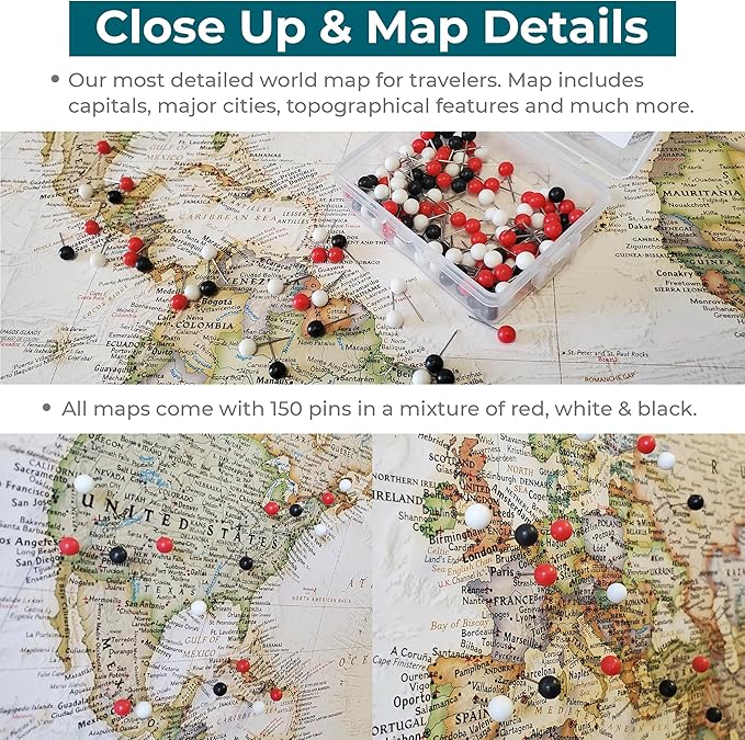 Push Pin Travel Maps Customizable Wall Art - Executive World - Solid Wood Cherry - Framed Pin Map, Includes 150 Pins - Handcrafted in USA - 27.5" x 39.5"
