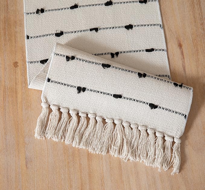 Caflife Boho Table Runner 72 Inchs Long for Modern Farmhouse Room Home Decor, Black and Beige Coffee Table Runner, Natural Cotton Woven with Tassels Neutral, for Kitchen Dining Table Decor